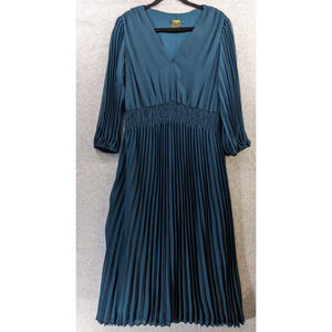 Taylor Dress Teal Green Pleated Midi Sheer Lined Fall Boho Smocked Waist Sz 12